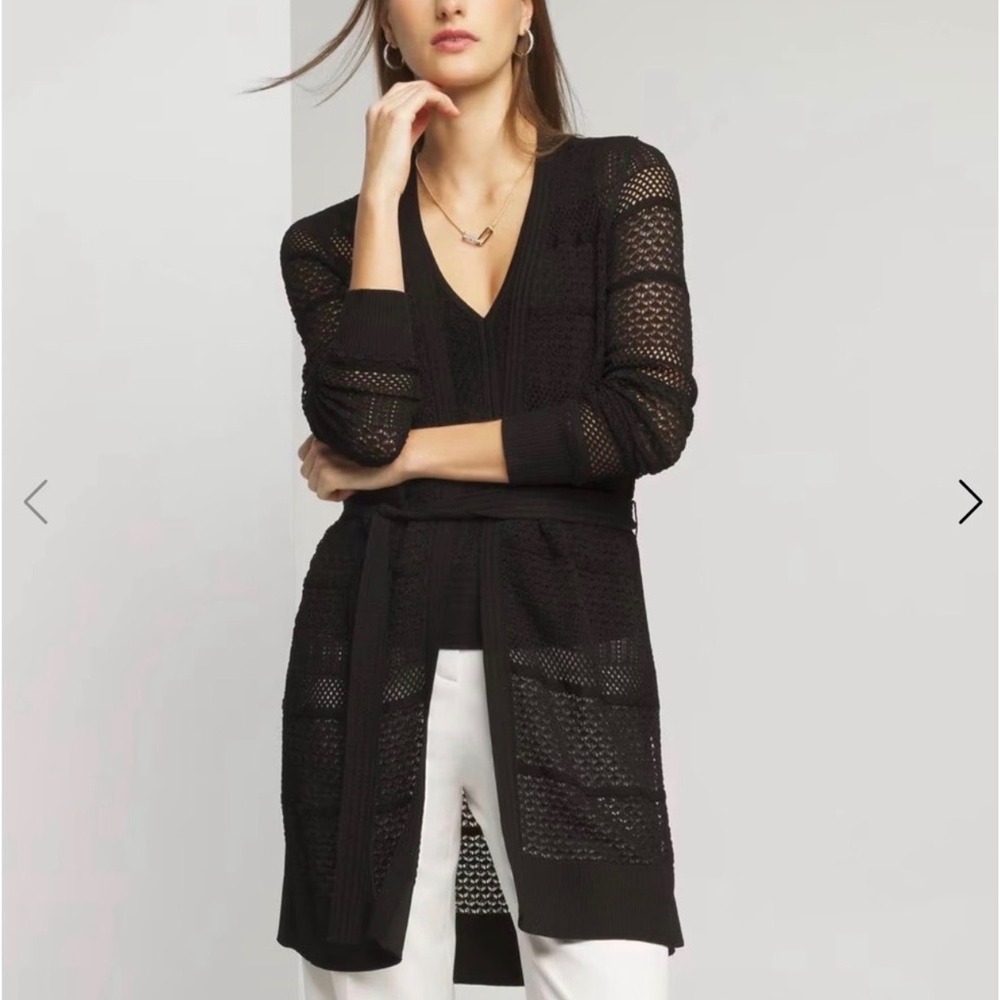 White House Black Market Black Pointelle Coverup Cardigan Belted Small 570366725